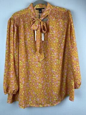 NWT A Love Story 2X Orange Floral Balloon Slv Neck Tie Silky LS Shirred Blouse